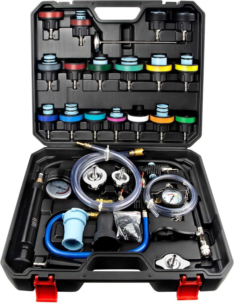 LLNDEI Coolant Radiator Pressure Tester Kit 28PCS Radiator Pressure Tester Pneumatic Vacuum Cooling System Purge Refill Leak/Refiller Set, Universal Automotive Domestic/Import Vehicles, Motorcycle - Image 1